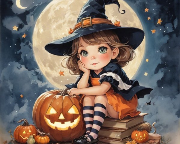 Young Witch in Autumn Scene with Jack-o'-Lanterns