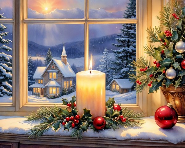 Cozy Winter Scene with Candle and Snowy Landscape