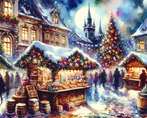 Watercolor Painting of a Nighttime Christmas Market