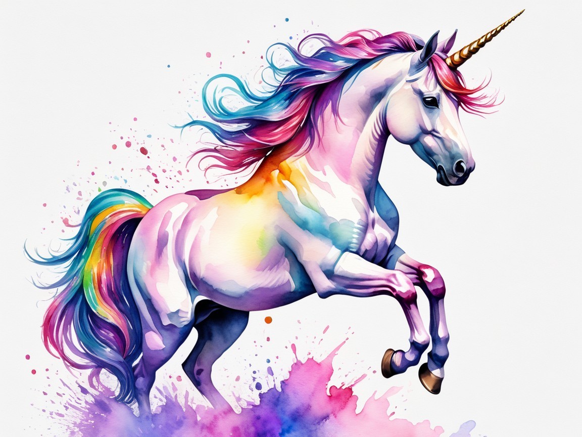 Unicorn Leaping with Watercolor Rainbow Surroundings