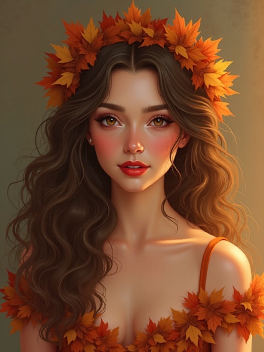 Young woman in autumn-themed attire with leaves