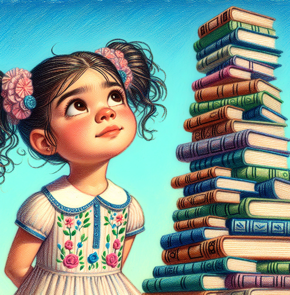 Young girl with braided pigtails and colorful books