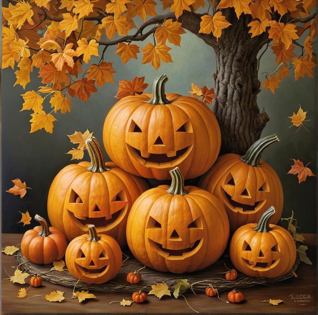 Autumn Scene with Carved Pumpkins and Colorful Leaves