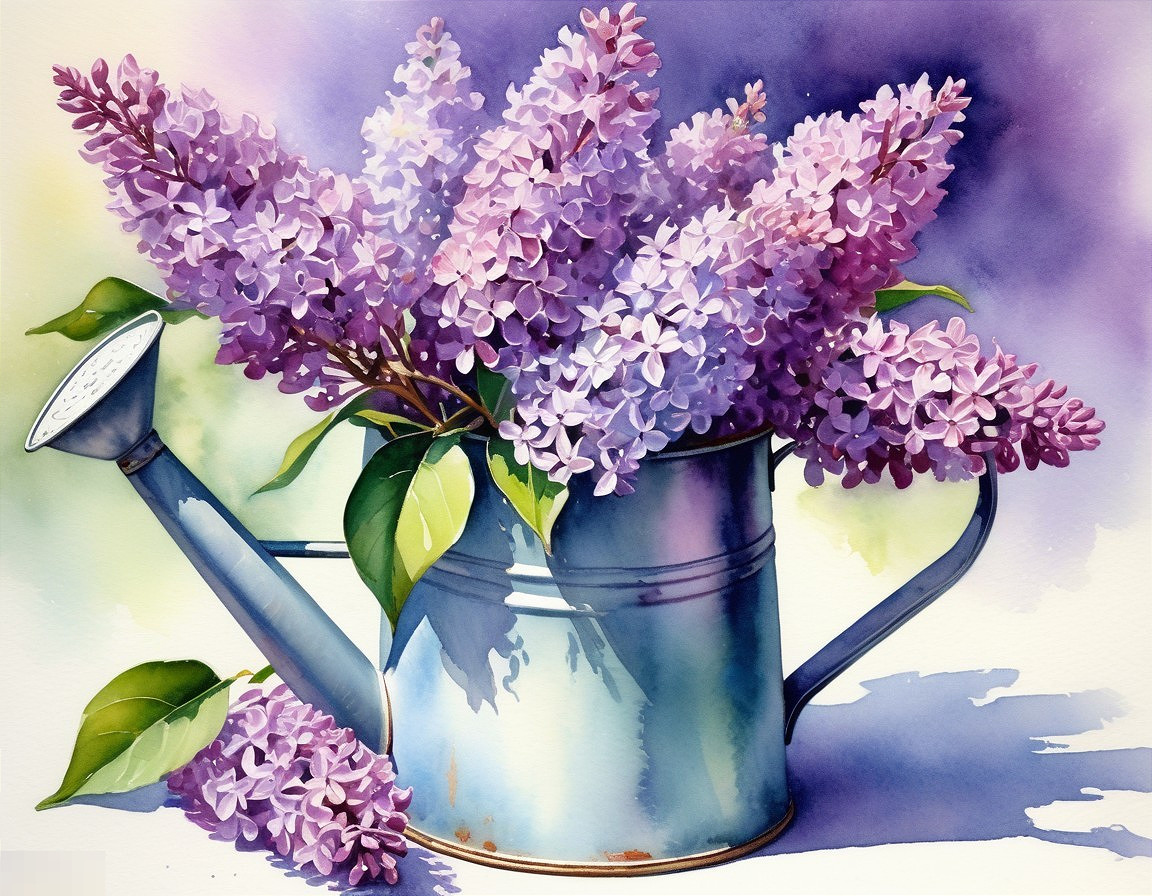 Watercolor Painting of Watering Can with Lilacs