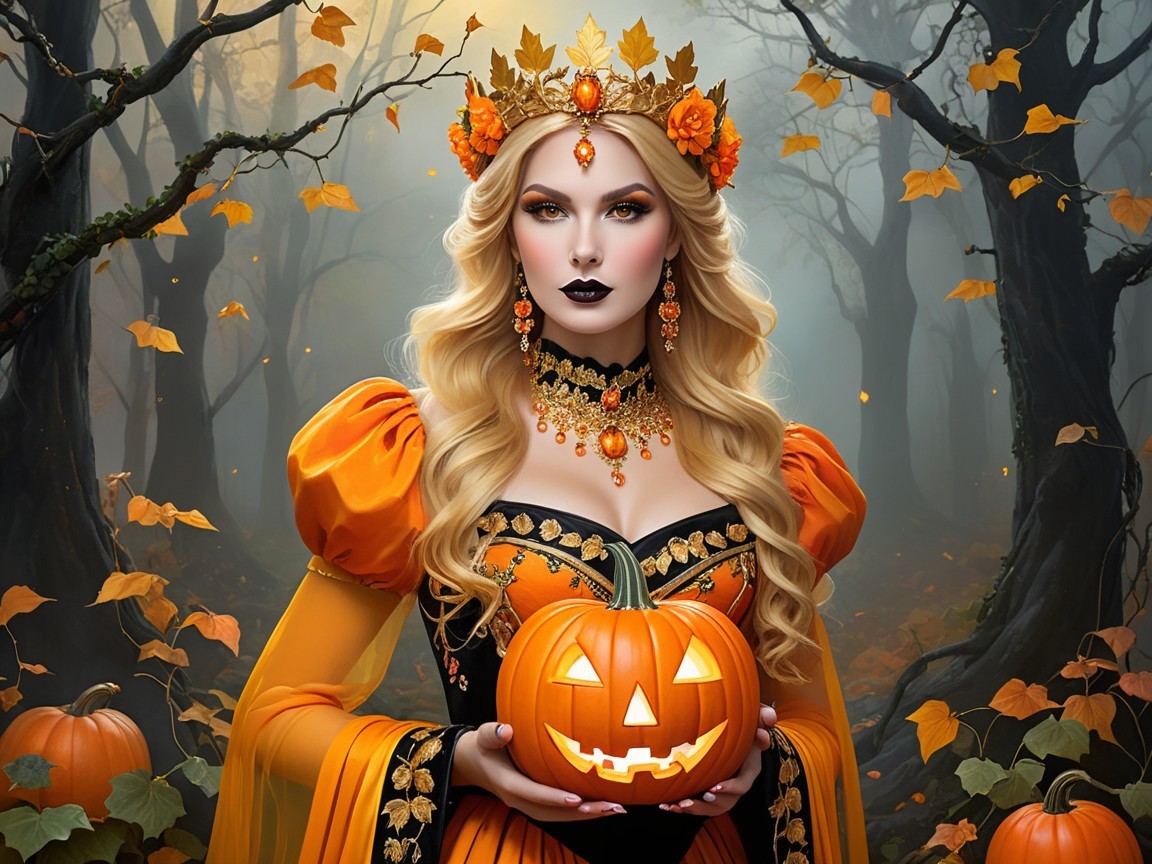Mystical Figure in Orange Gown in Foggy Forest