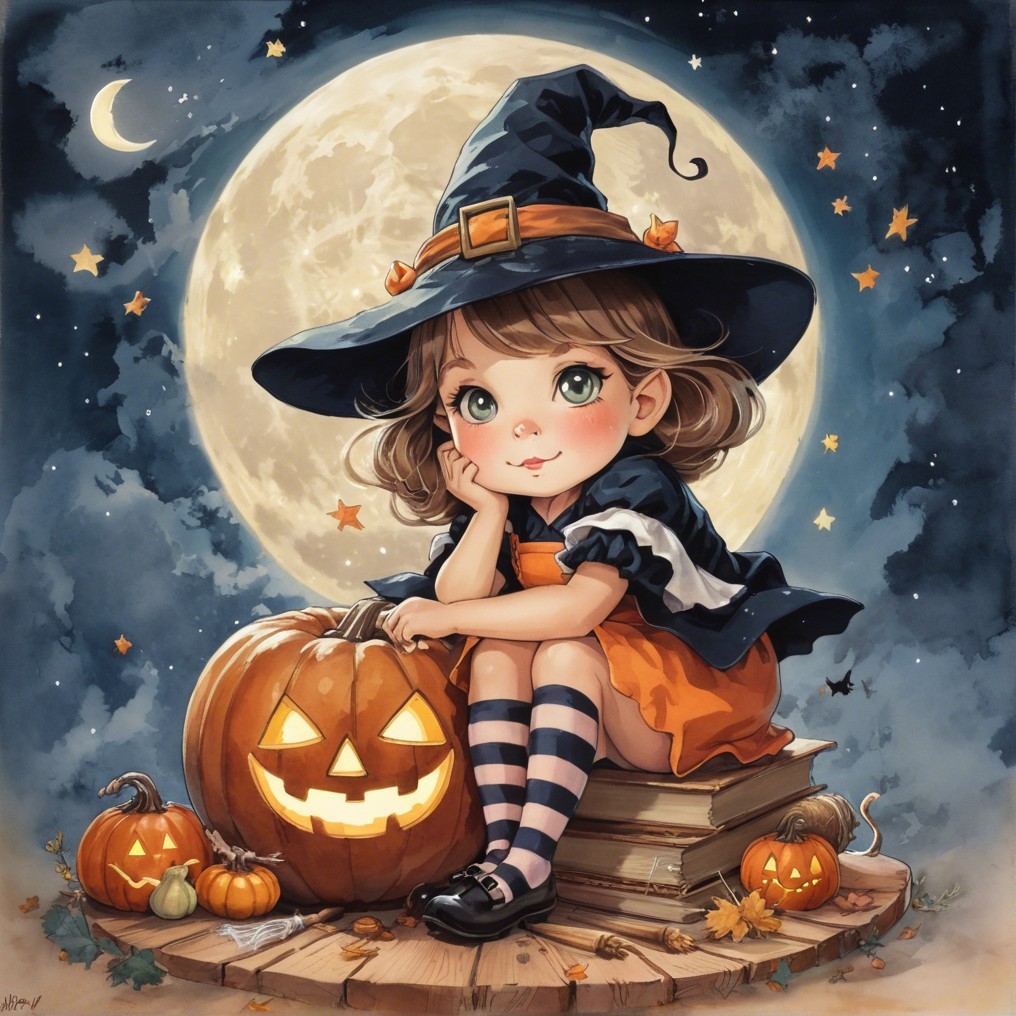 Young Witch in Autumn Scene with Jack-o'-Lanterns