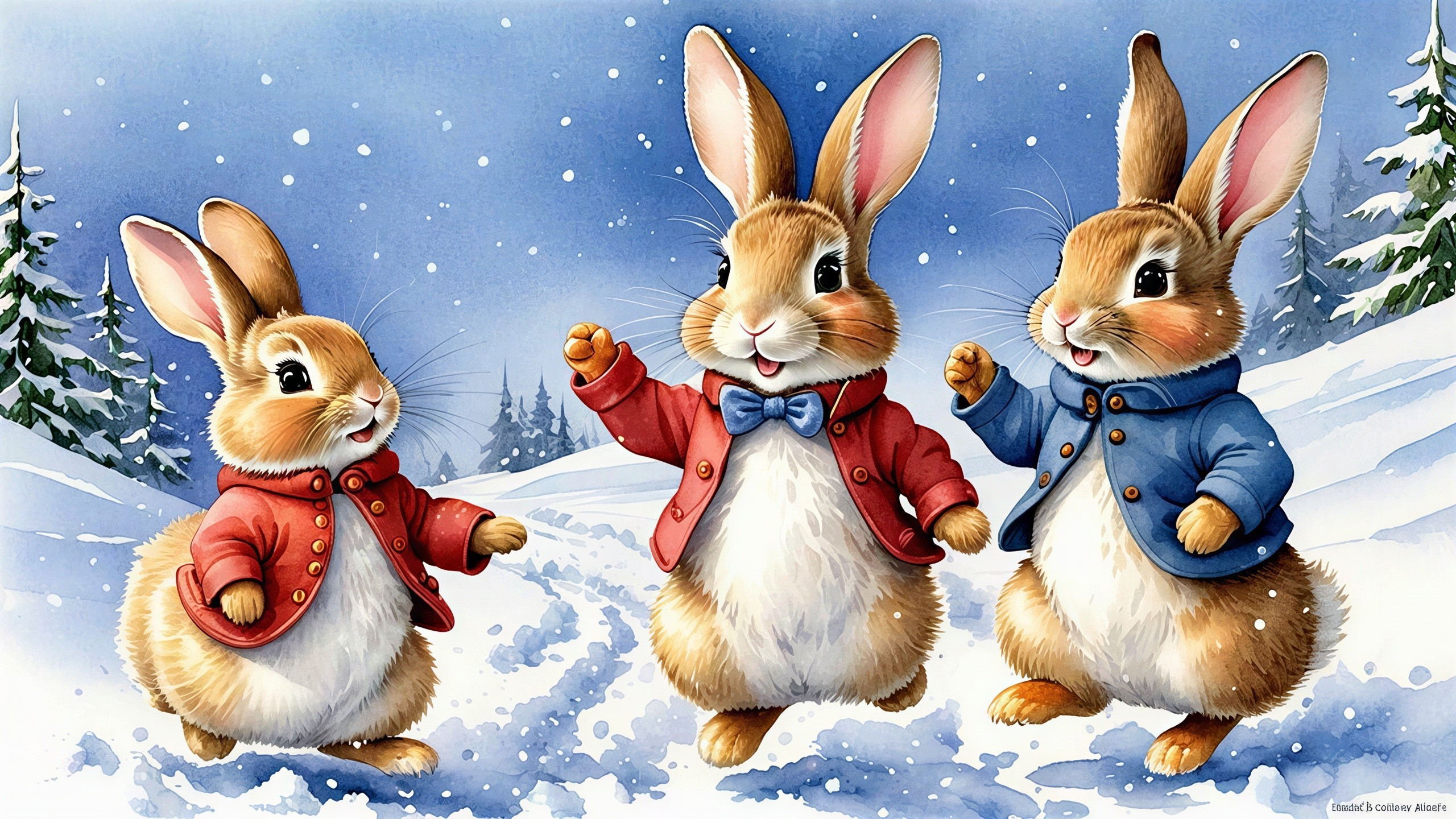 Rabbits in Colorful Jackets in a Snowy Landscape
