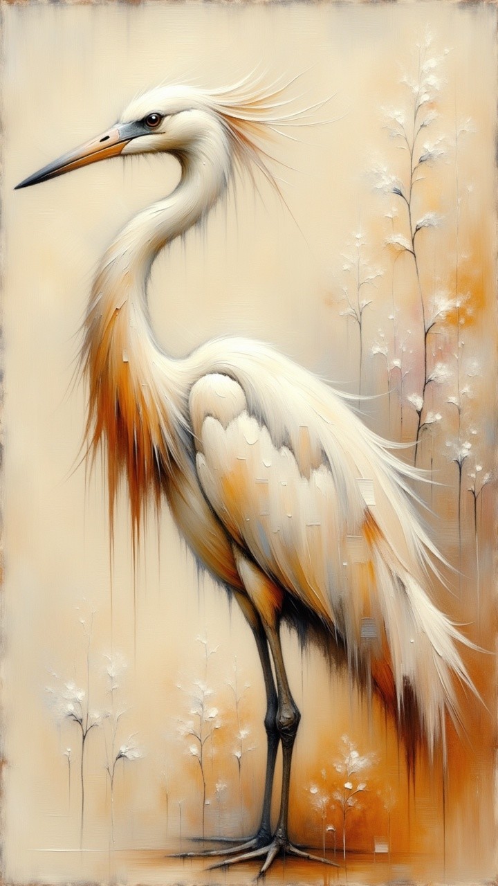 Stylized White Heron with Orange and Yellow Accents