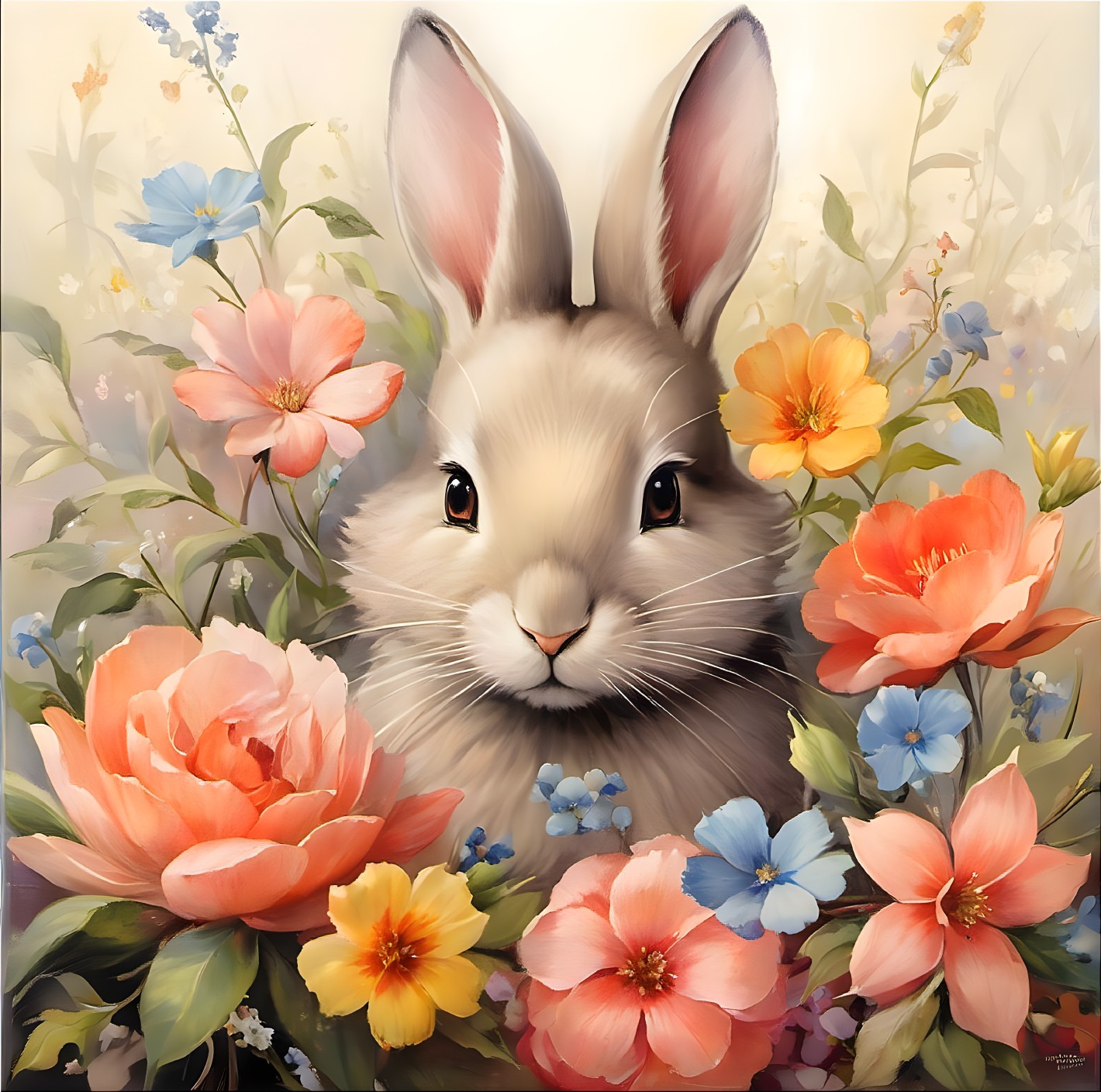 Fluffy Rabbit Surrounded by Colorful Spring Flowers