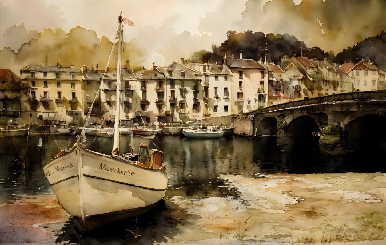 Serene harbor with boats and stone bridge under cloudy sky