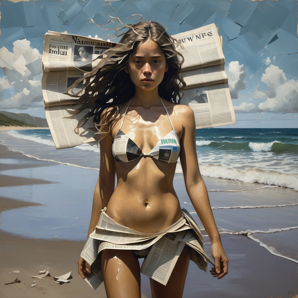Young woman in newspaper bikini on beach with waves