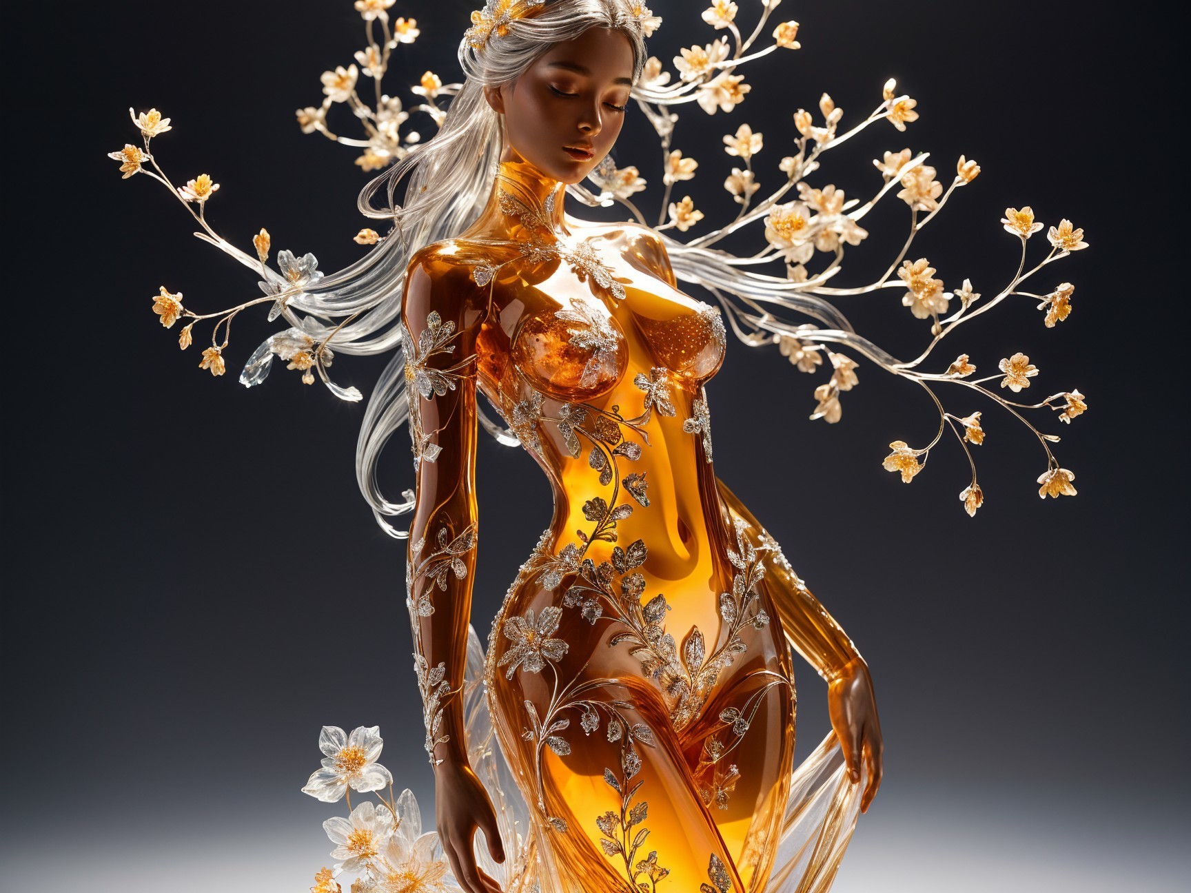 Translucent Amber Figure of Woman with Floral Patterns