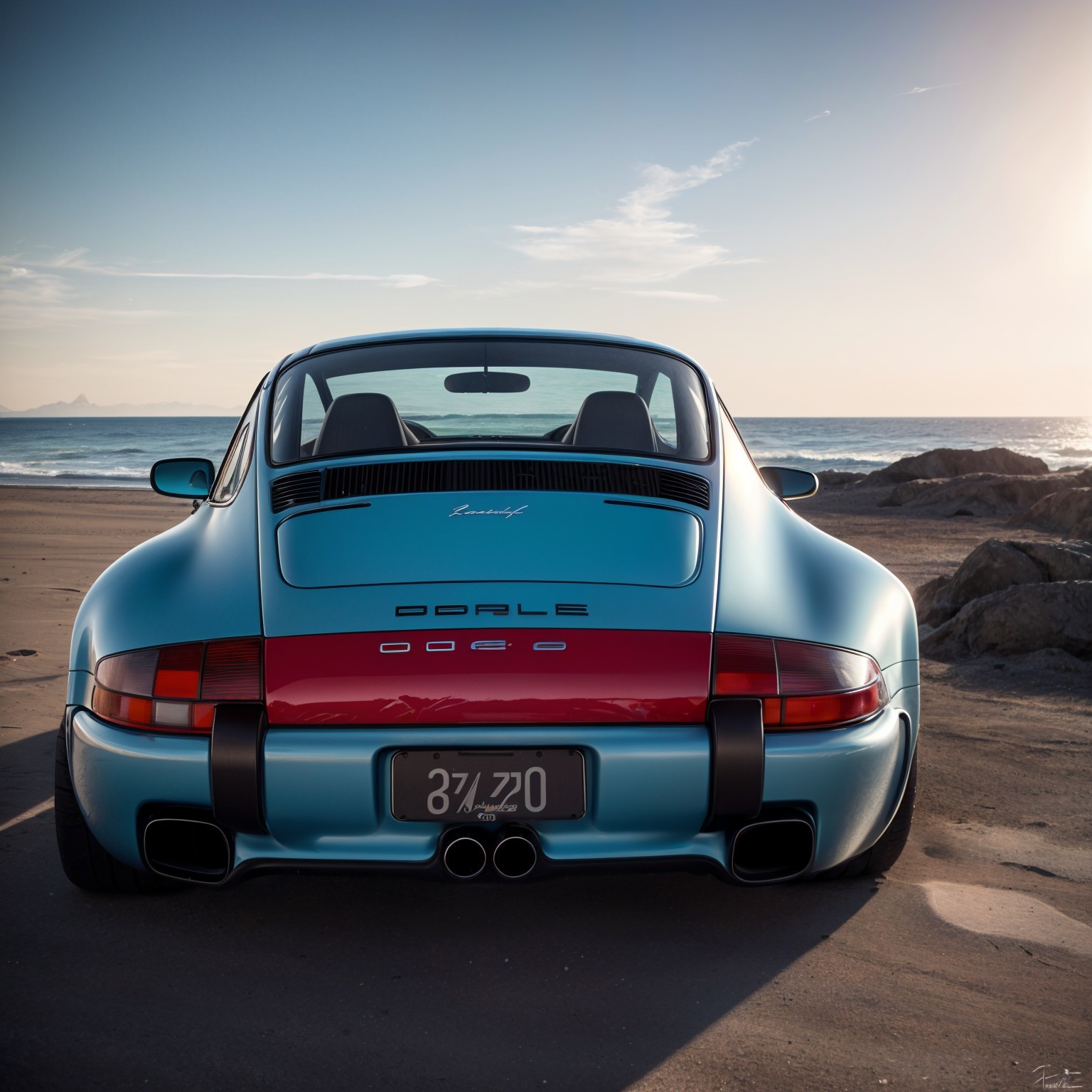 Retro Sports Car on Beach at Sunset with Ocean View