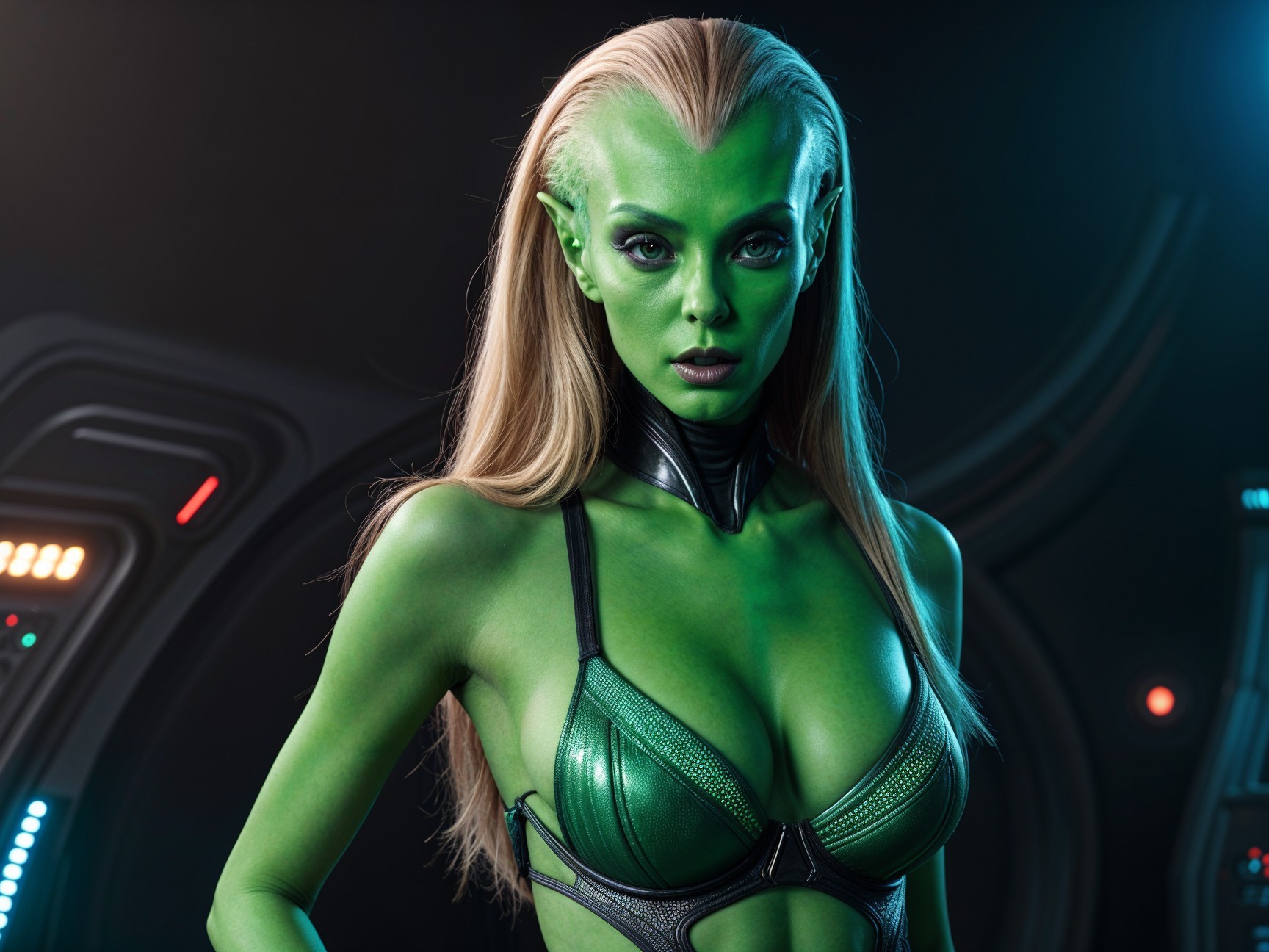 Confident Alien Figure in Futuristic Metallic Setting
