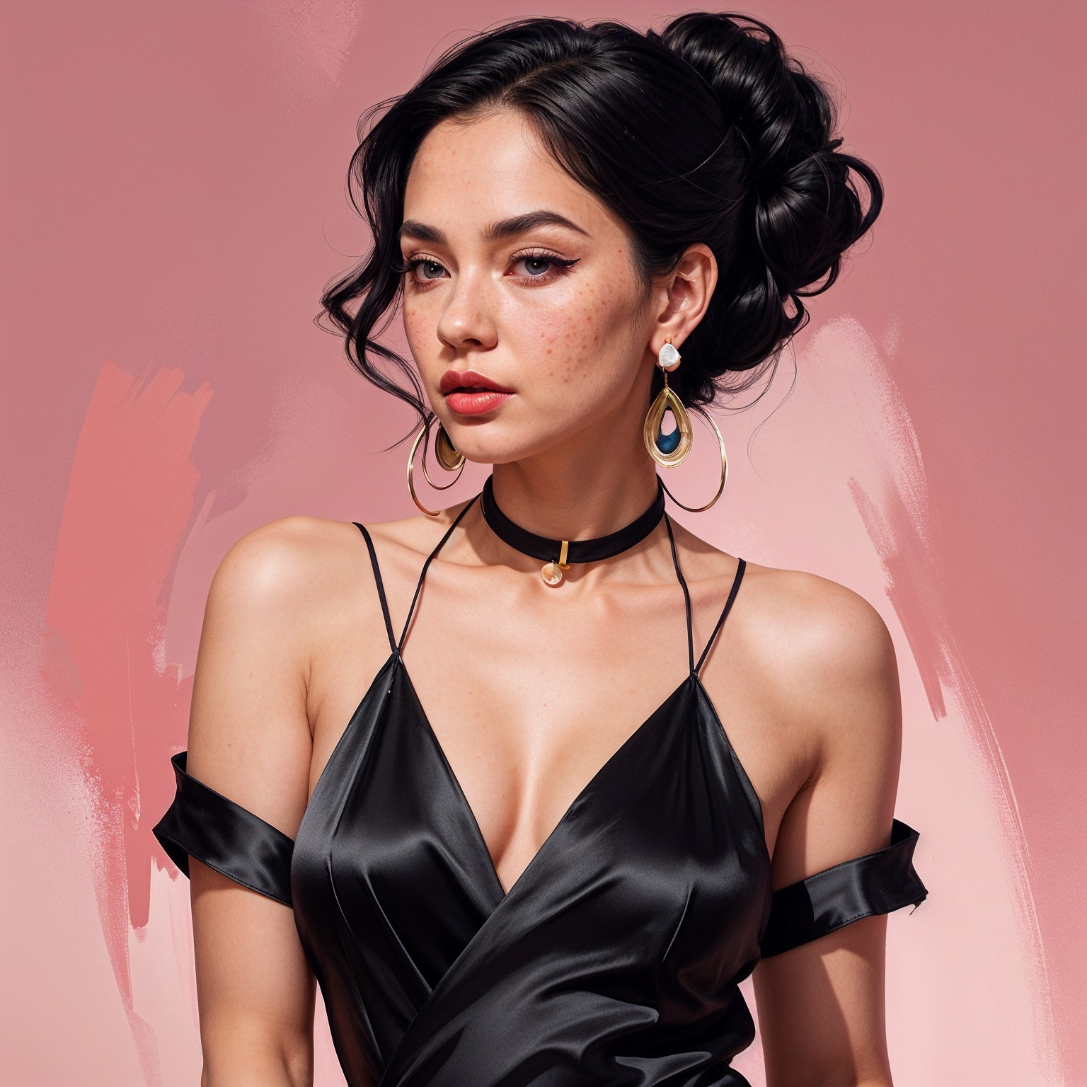 Elegant Young Woman in Black Satin Dress and Glam Makeup