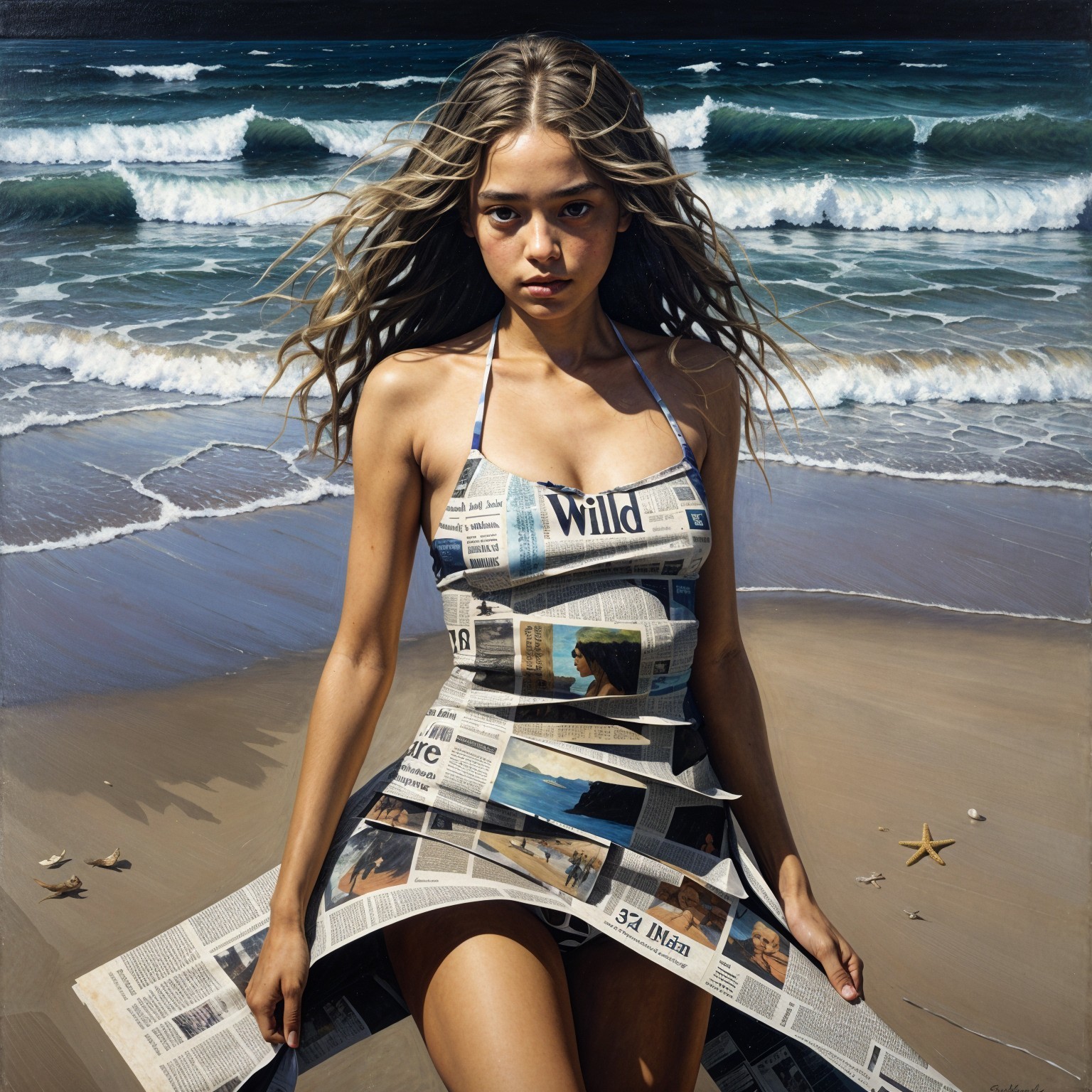 Young Woman in Newspaper Dress on Beach Scene