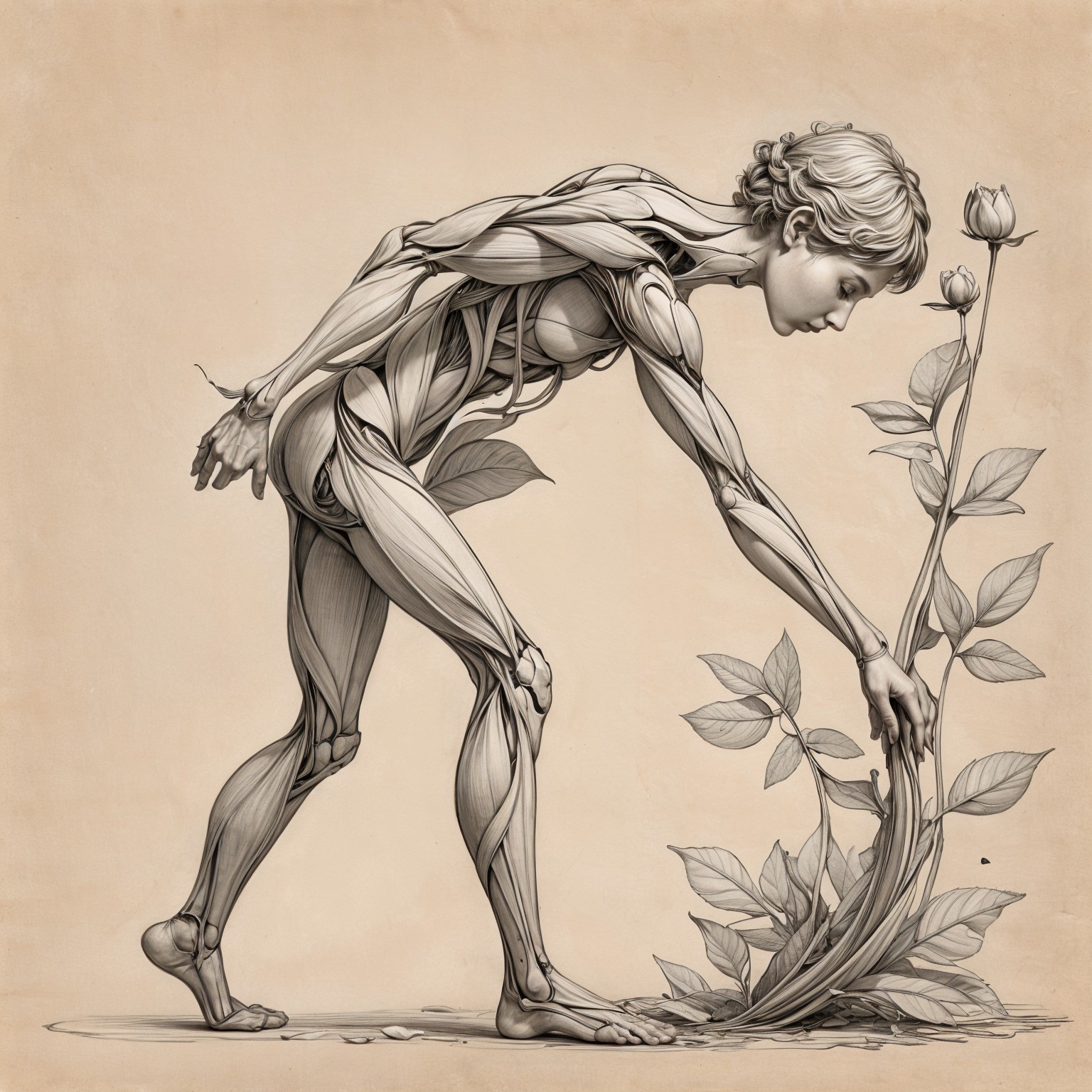 Stylized Anatomical Figure Interacting with Plant Life