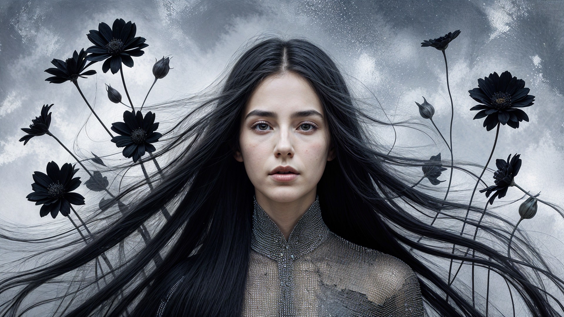 Young woman with black hair and dark flowers in mist