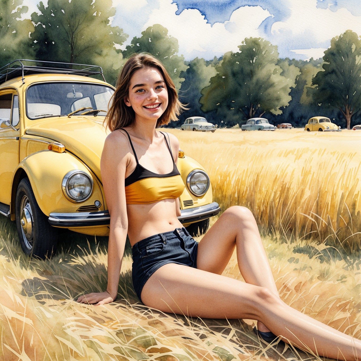 Young woman in sunlit field with vintage yellow car