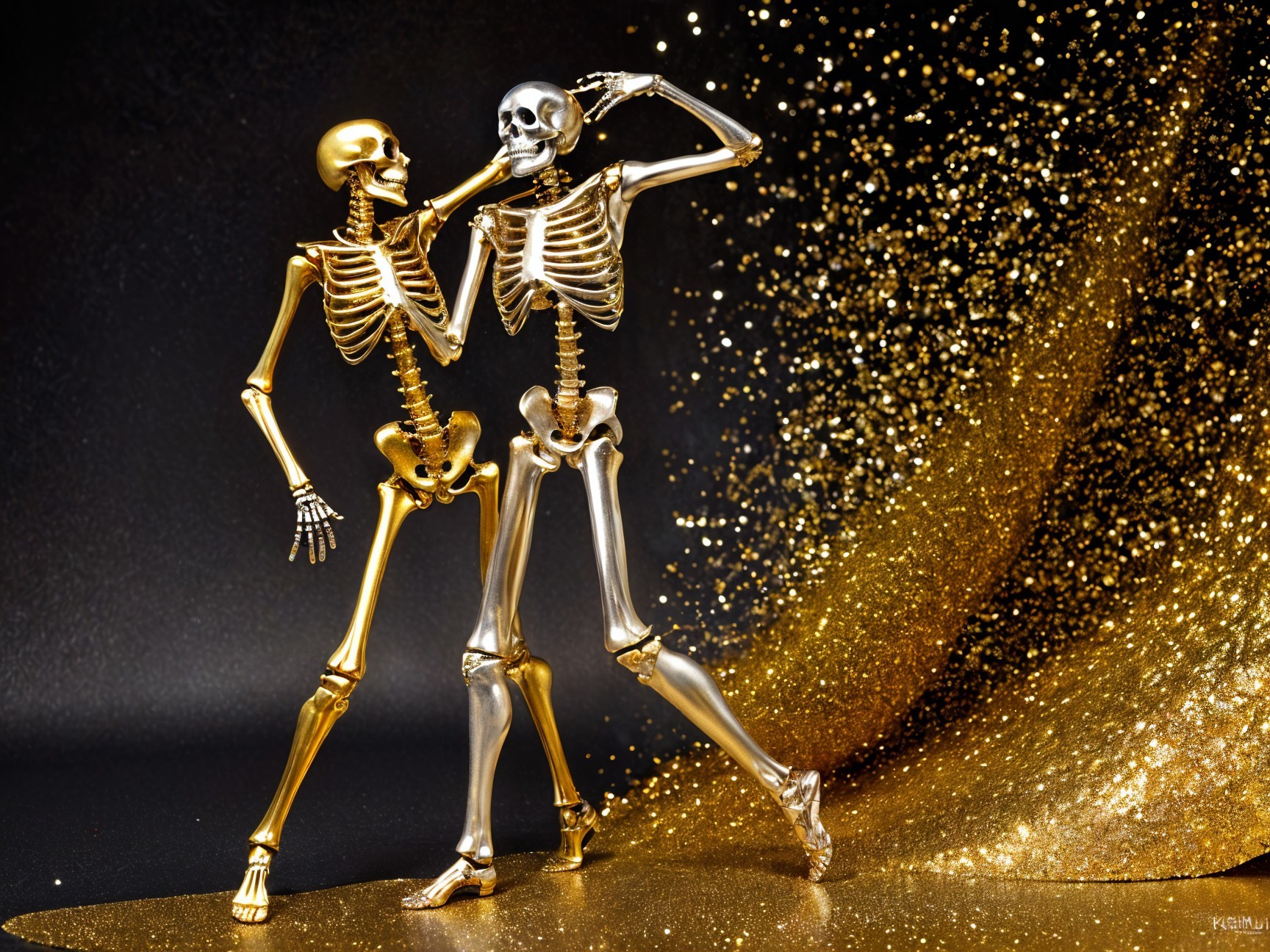 Playful Skeleton Figurines on Shimmering Gold Background