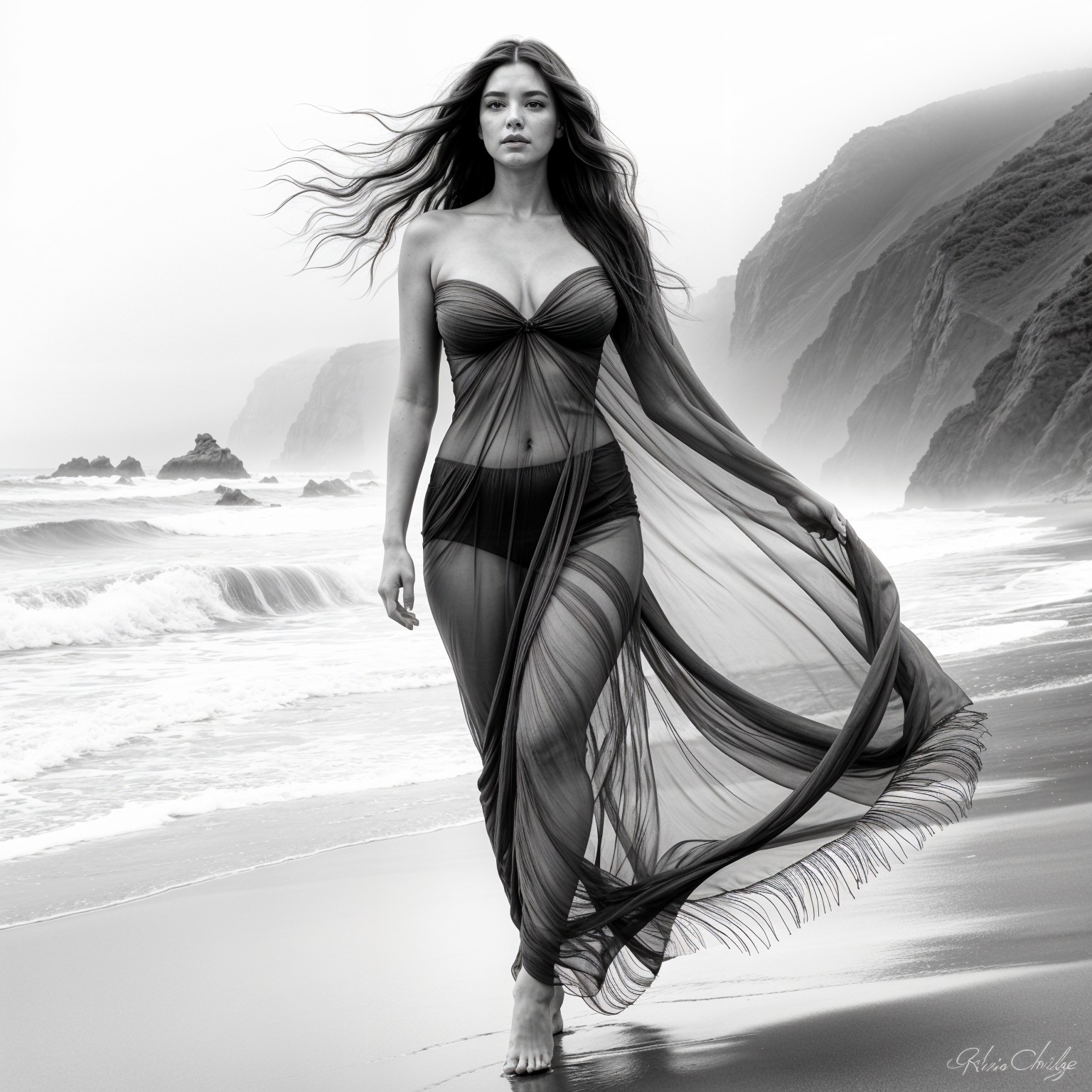 Model in Sheer Cover-Up on Misty Beach Landscape