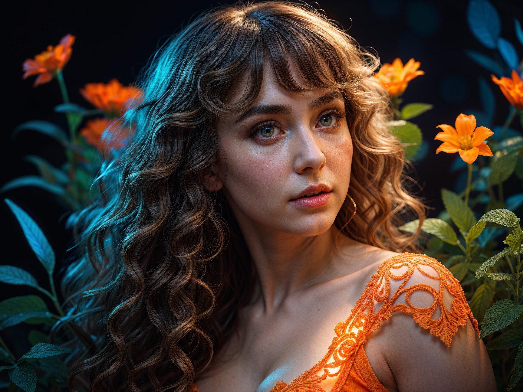 Young woman in orange top among vibrant flowers
