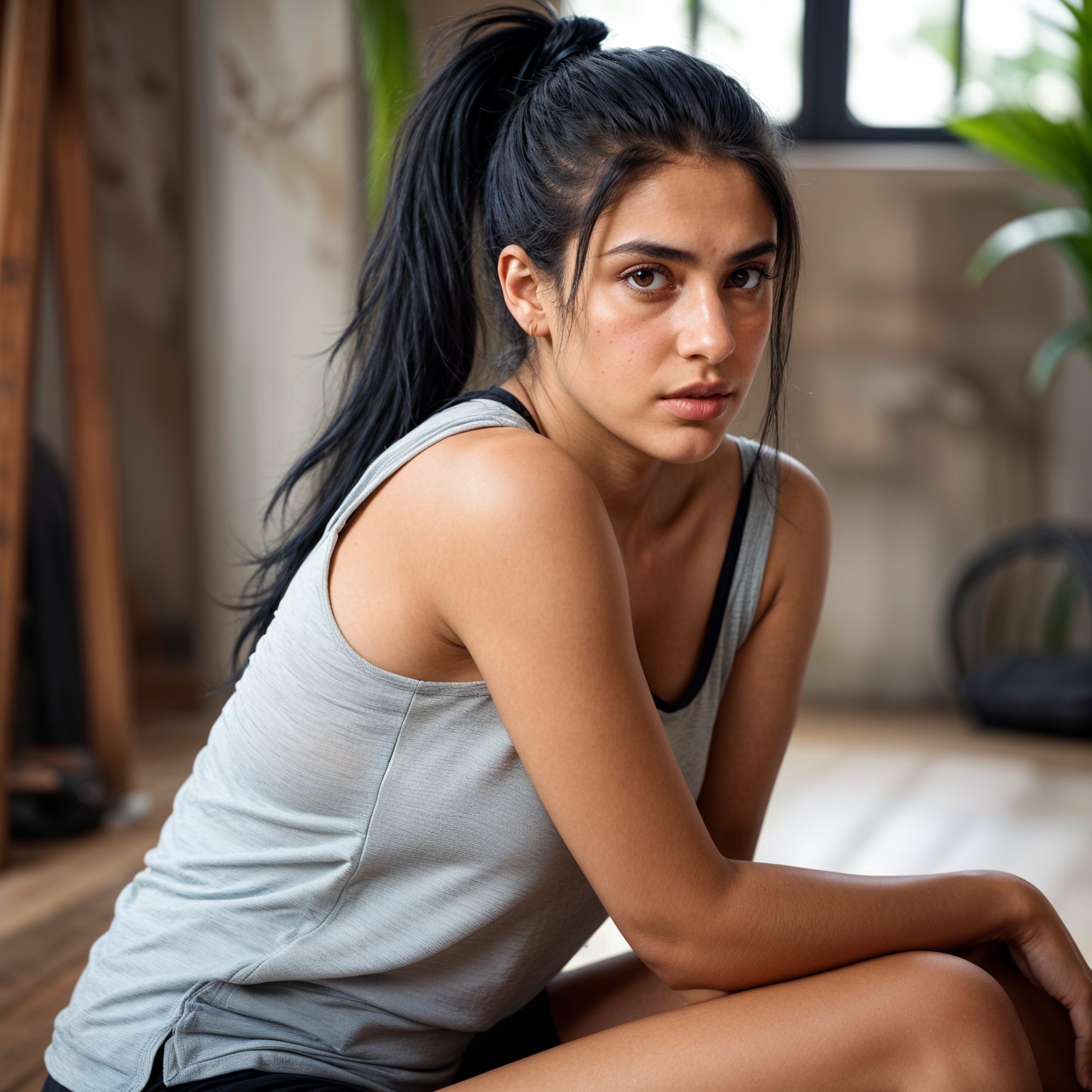 Young woman in a light-filled room with plants