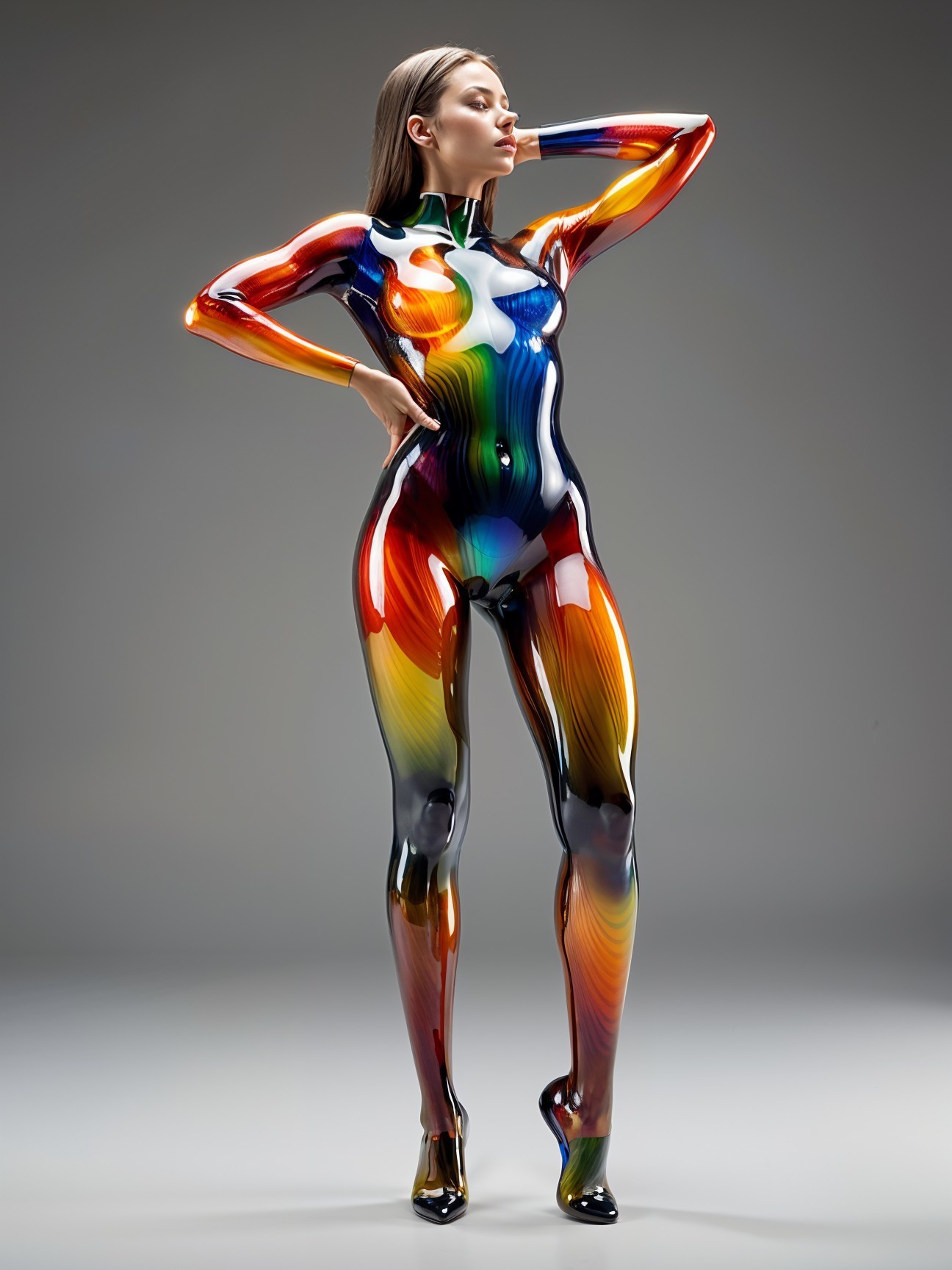 Colorful Bodysuit Model with Glossy Patterns and Hair