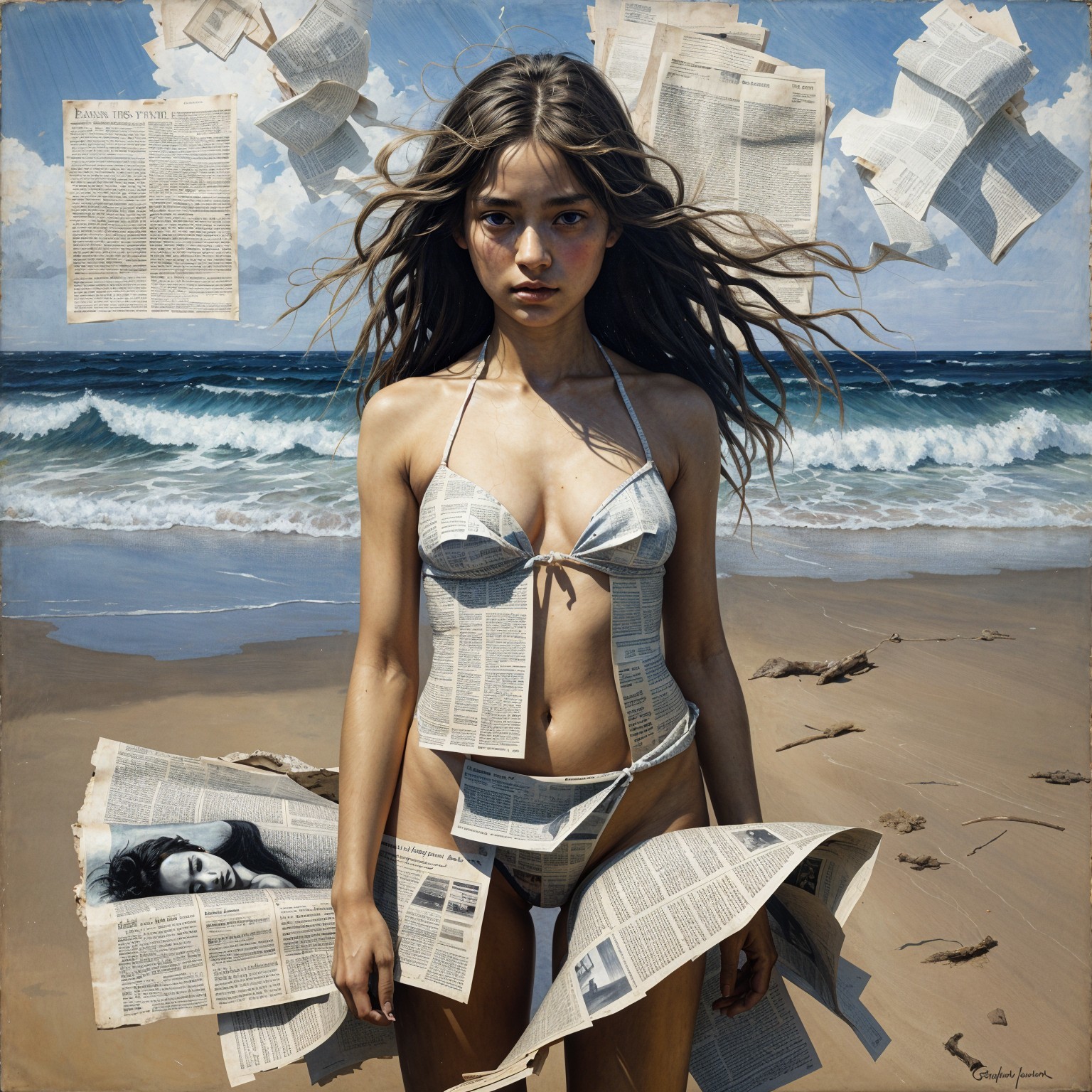 Young Woman in Newspaper Bikini on Sandy Beach