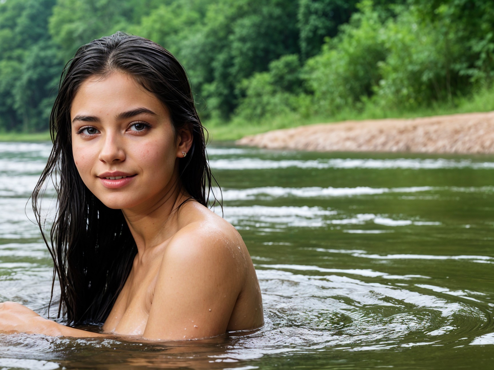 Young Woman in Serene River Surrounded by Nature