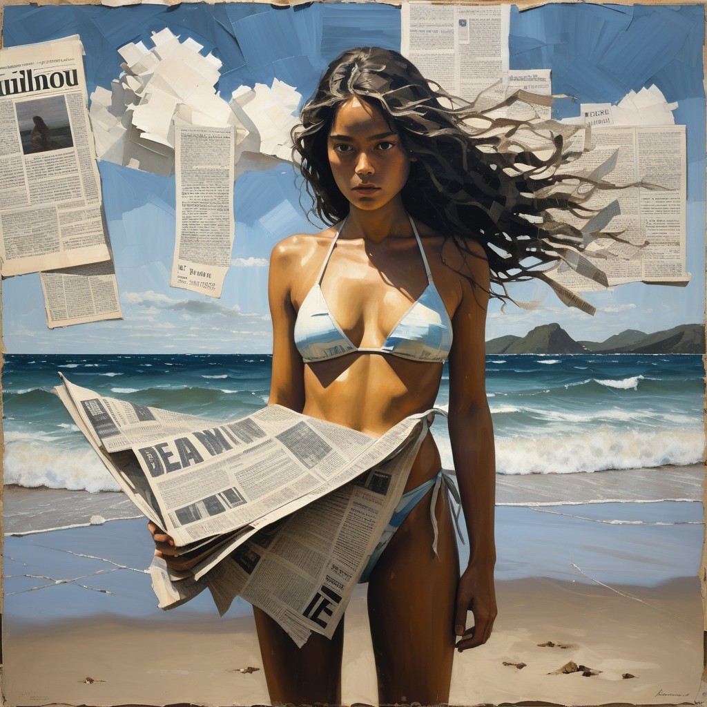 Young Woman in Blue Bikini with Newspaper on Beach