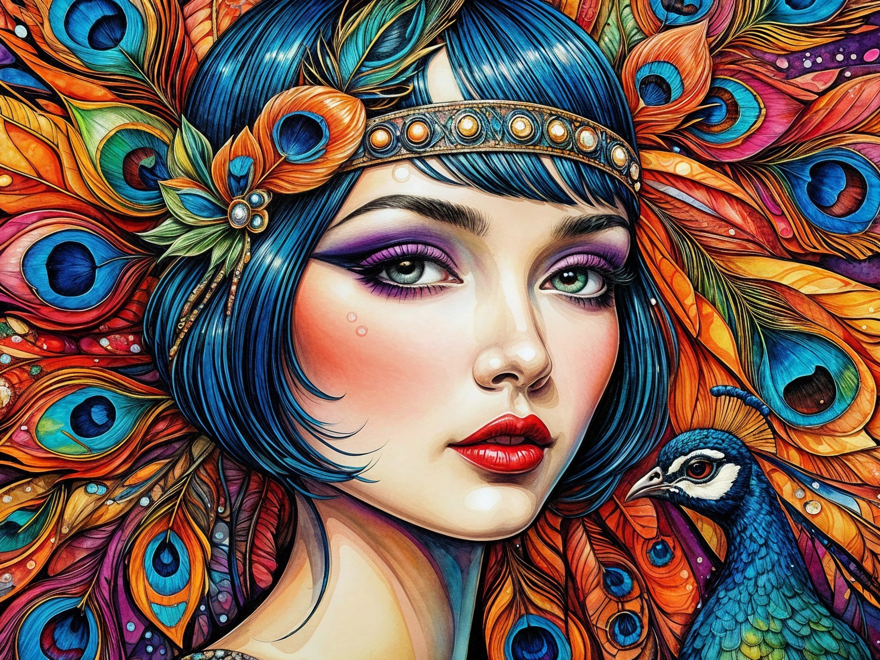 Vibrant Portrait of a Woman with Blue Hair and Jewelry