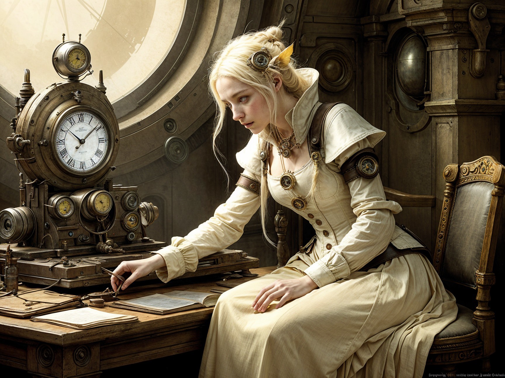 Young woman in steampunk setting at ornate desk