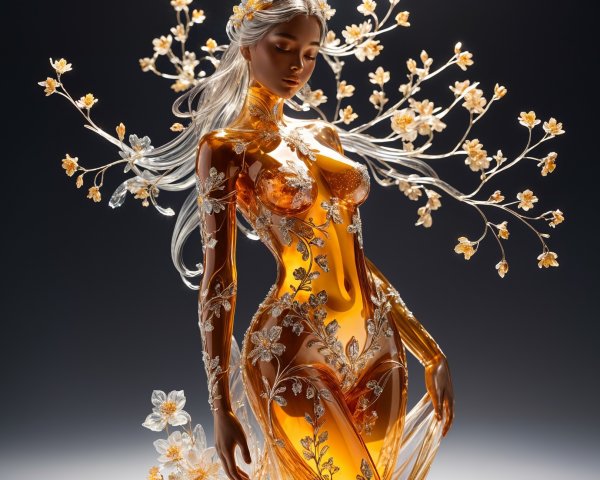 Translucent Amber Figure of Woman with Floral Patterns