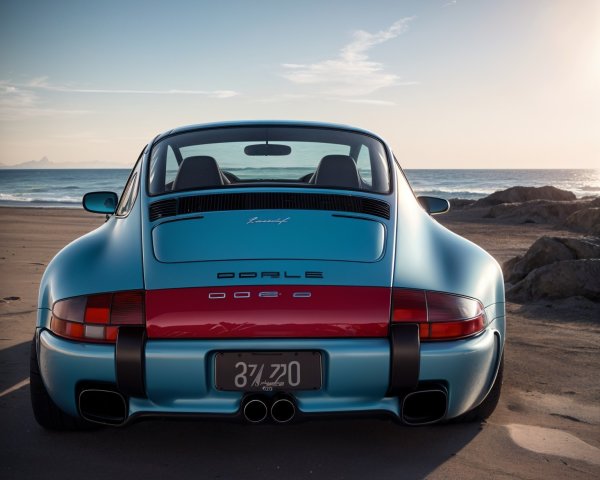 Retro Sports Car on Beach at Sunset with Ocean View