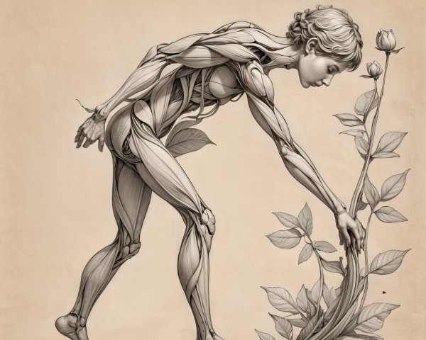 Stylized Anatomical Figure Interacting with Plant Life
