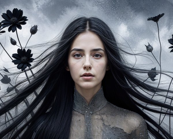 Young woman with black hair and dark flowers in mist
