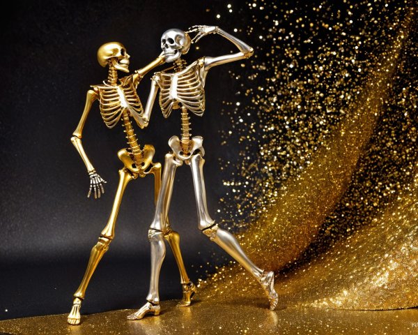Playful Skeleton Figurines on Shimmering Gold Background