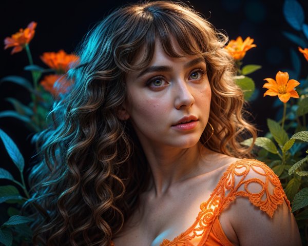 Young woman in orange top among vibrant flowers