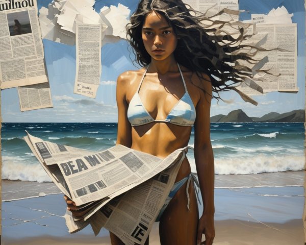Young Woman in Blue Bikini with Newspaper on Beach