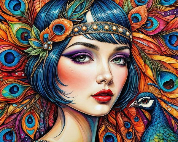 Vibrant Portrait of a Woman with Blue Hair and Jewelry