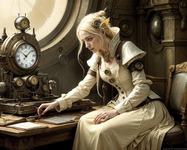 Young woman in steampunk setting at ornate desk
