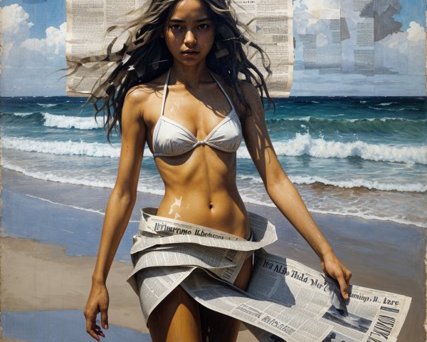 Young Woman in White Bikini on Beach with Newspaper