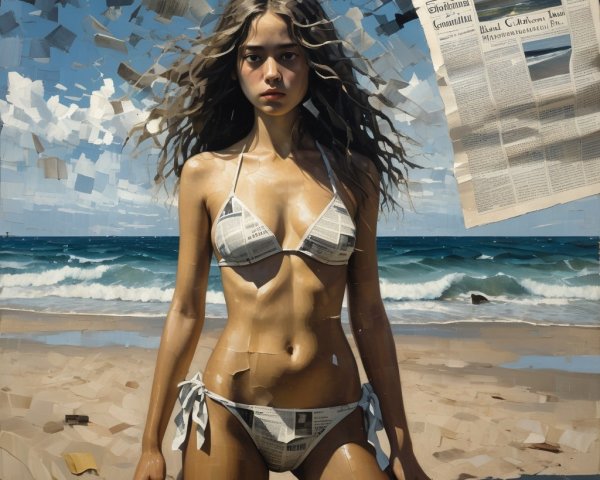 Young Woman in Newspaper Bikini on Beach Scene