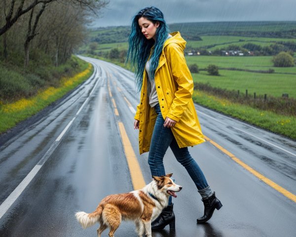 Woman in yellow raincoat walks dog on rainy road