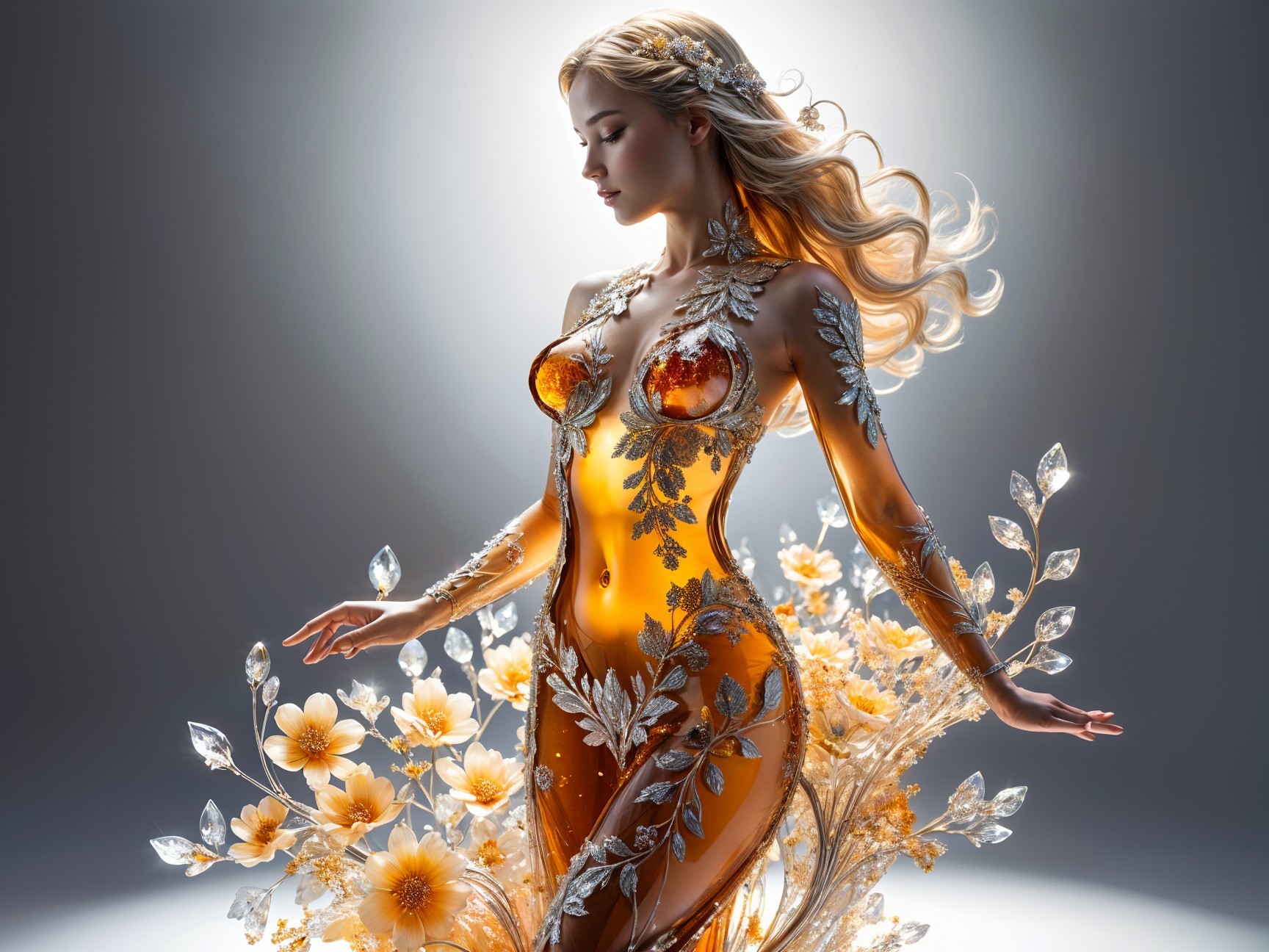 Radiant Gown with Floral Designs and Gemstones