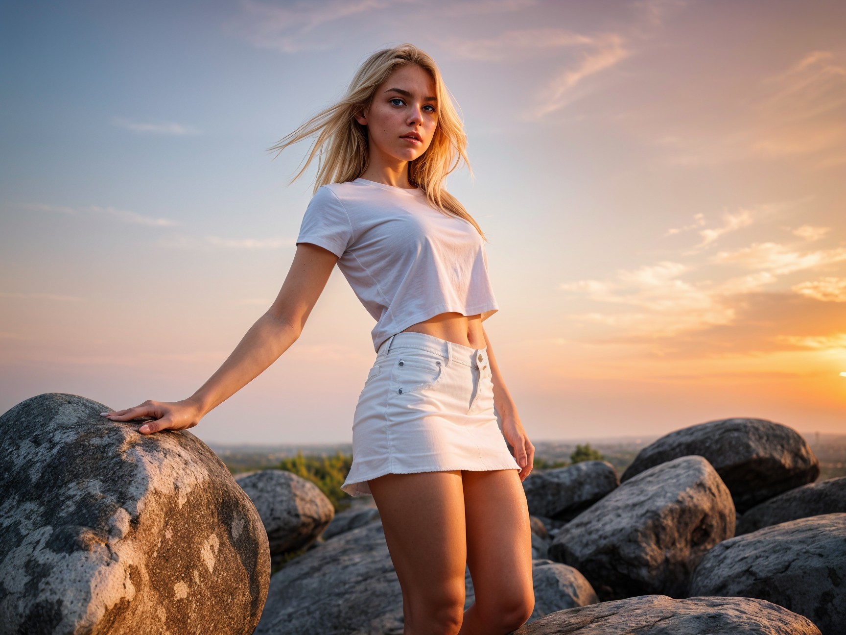 Young Woman on Rocks at Sunset with Colorful Sky