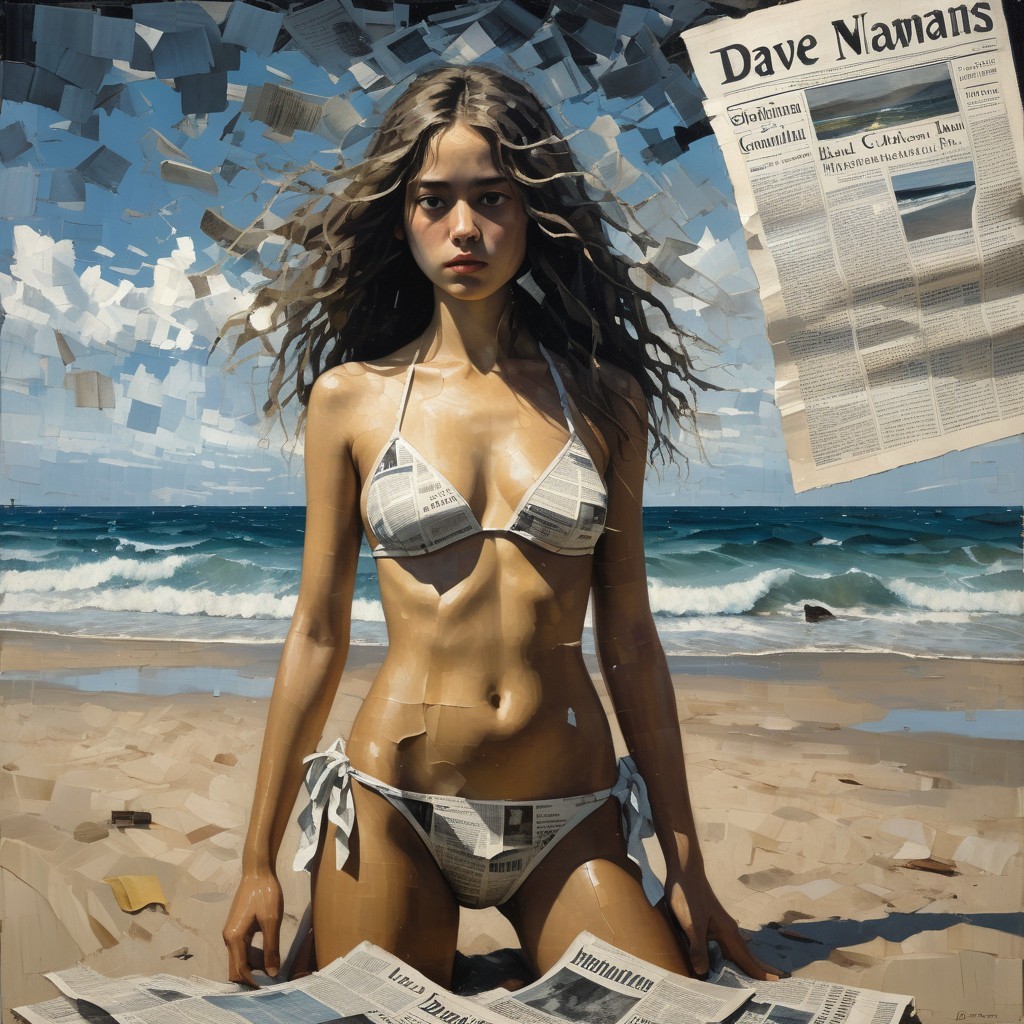 Young Woman in Newspaper Bikini on Beach Scene