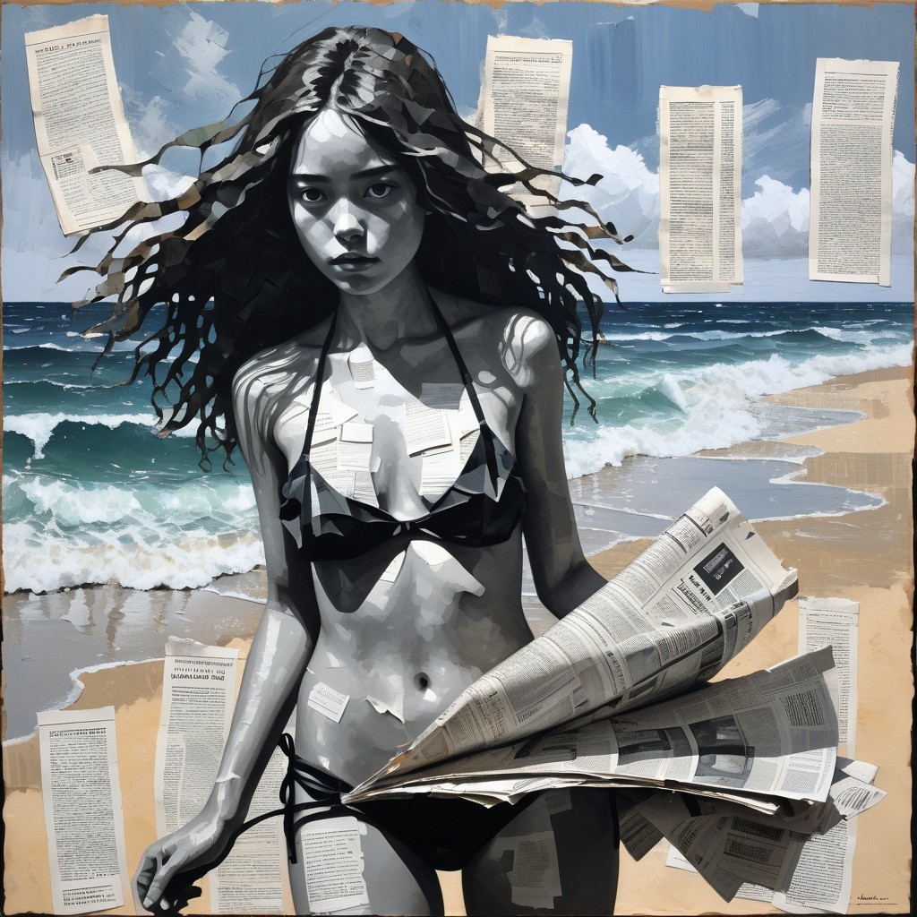 Woman in Bikini on Beach with Newspaper Book