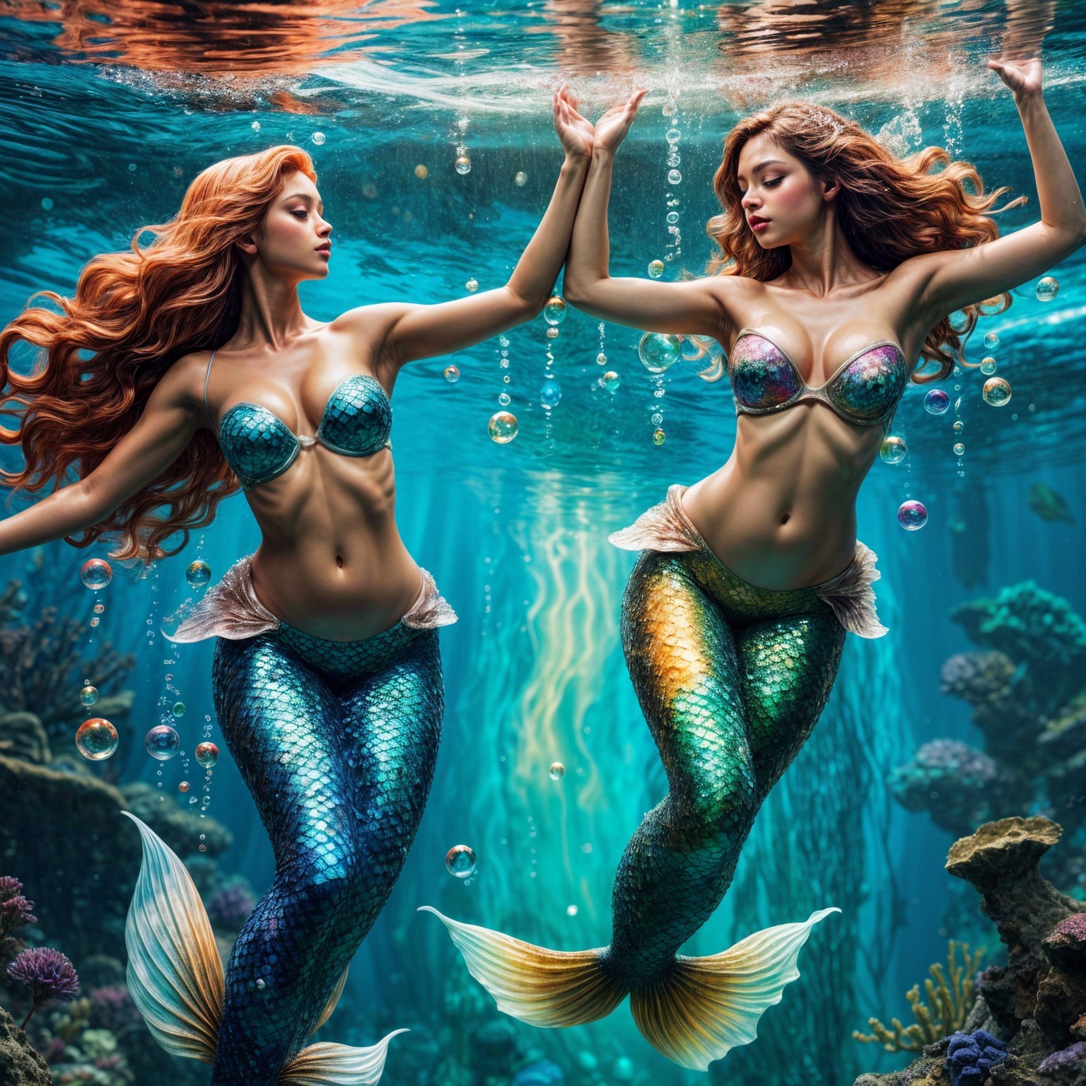 Mermaids Swimming Among Coral Reefs Underwater
